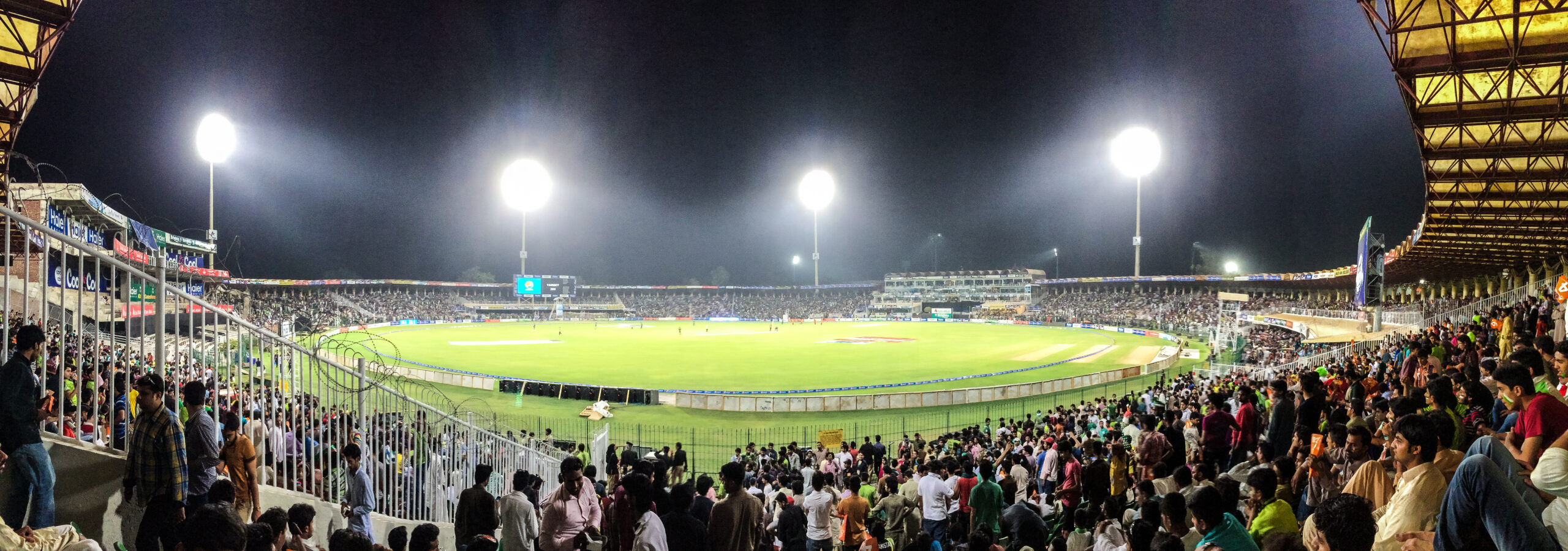 Gaddafi Stadium lit up at night in Lahore — venue for the PSL 2026 Eliminator 2 and final.